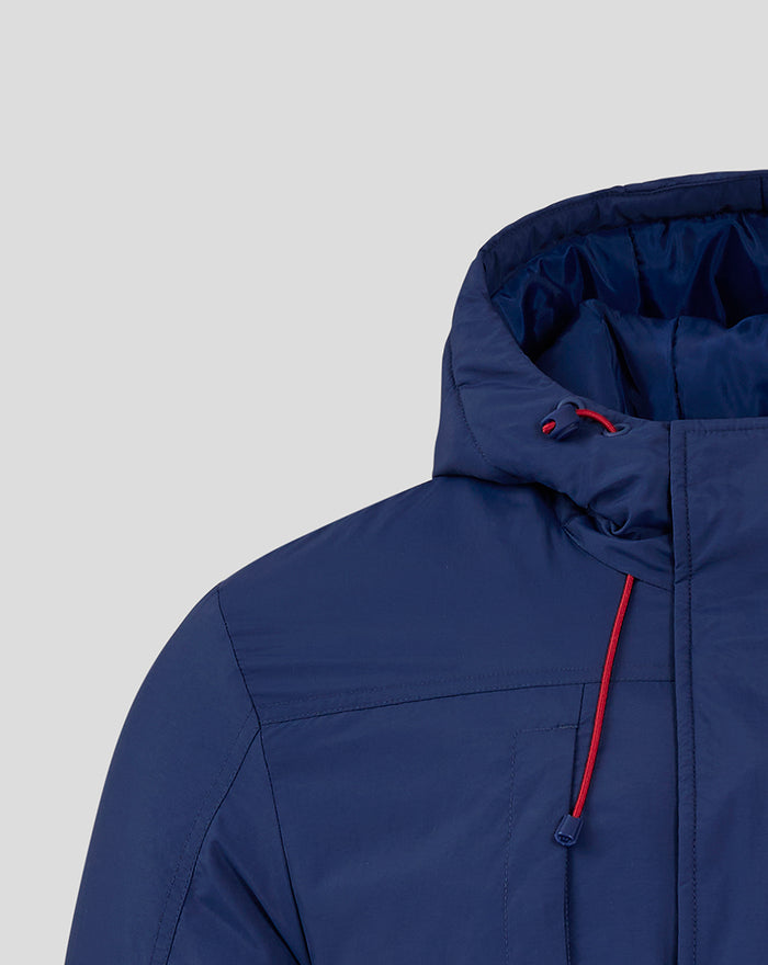 Close up of blue hood with red drawstring on Athletic Club Winter Jacket