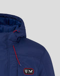 Close up of left chest patch and red piping on blue Athletic Club Winter Jacket