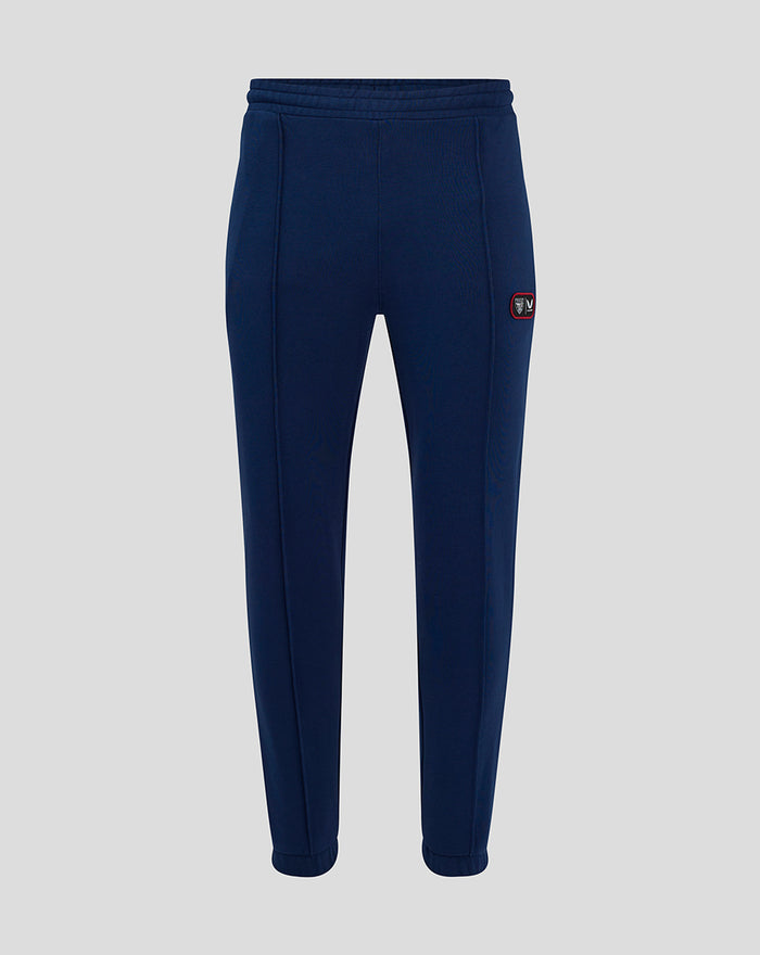 Front view of navy men's Club Jogger with a small patch on the thigh