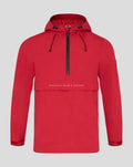 Front view of red athletic club anorak with hood and central zipper