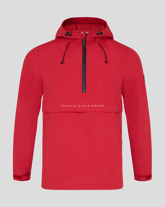 Front view of red athletic club anorak with hood and central zipper