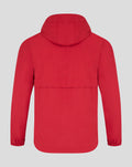 Back view of red athletic club anorak with hood and curved hem
