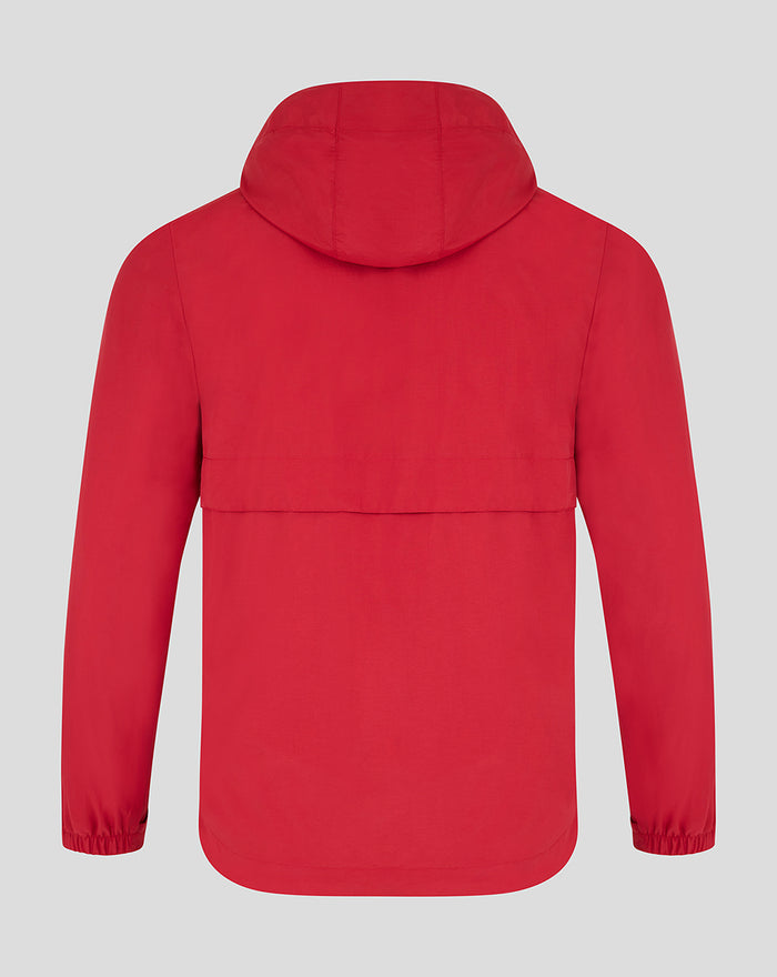 Back view of red athletic club anorak with hood and curved hem