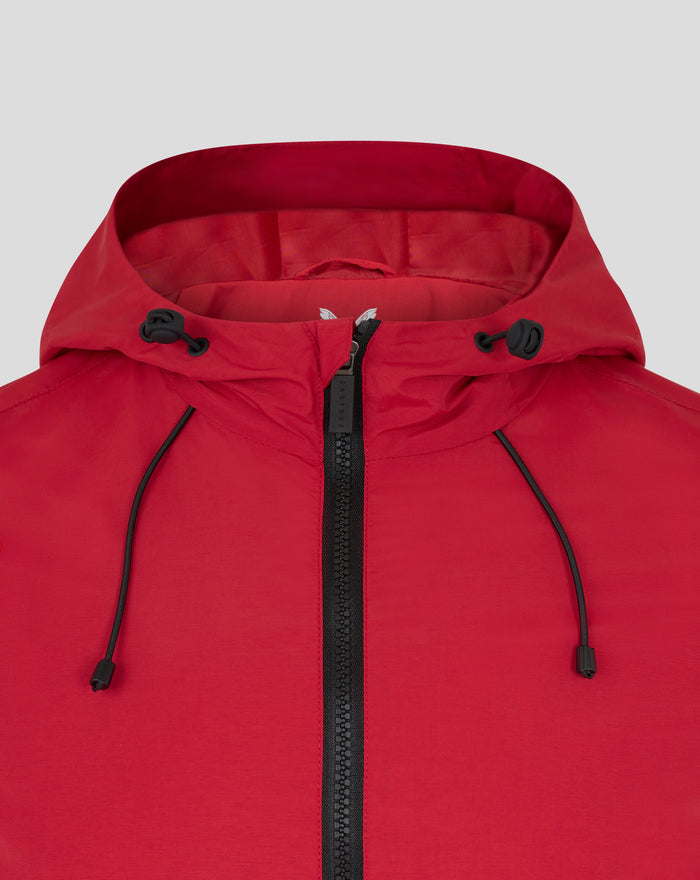 Close up of red athletic club anorak hood with black drawstrings and front zipper