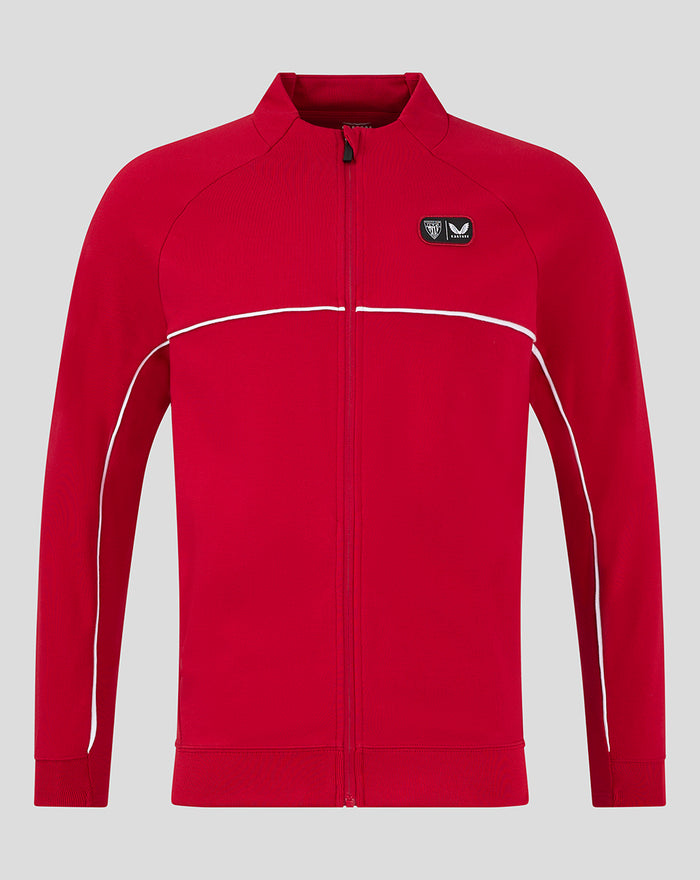 Red athletic club track top with a zip front and white piping