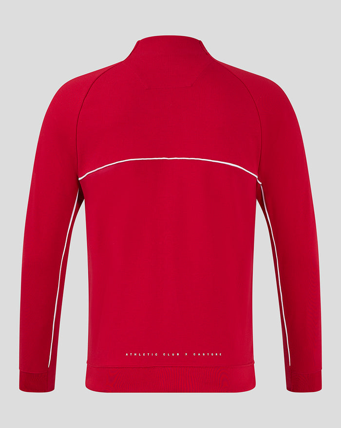 Back view of a red athletic club track top with white piping across the upper back and sleeves