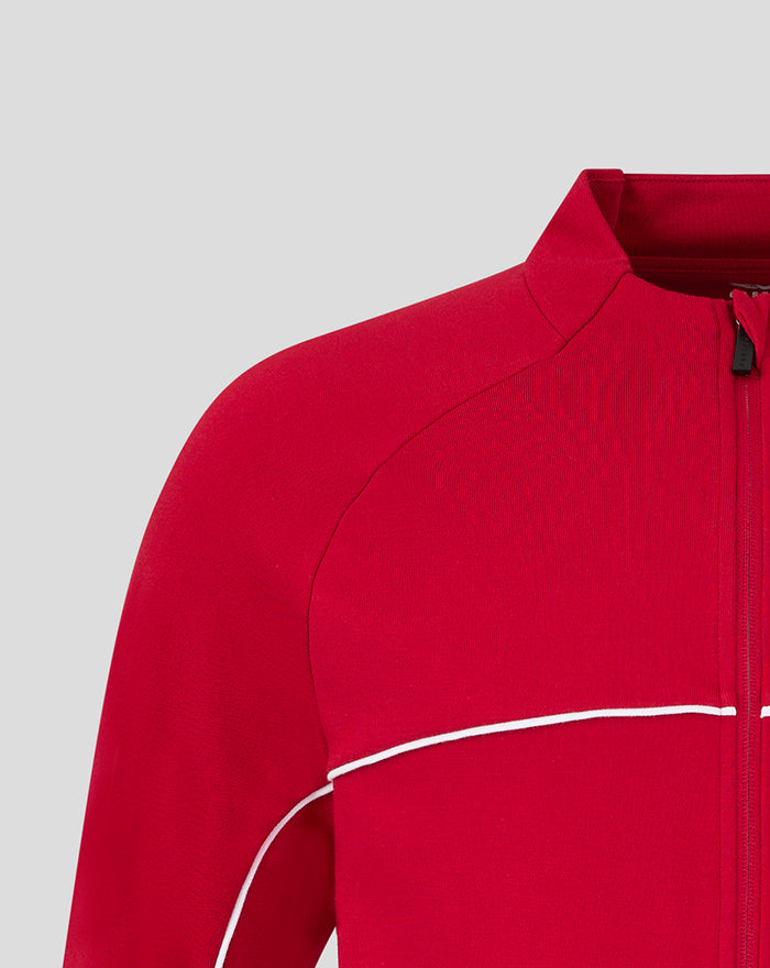 Athletic Club Track Top close up of shoulder and zipper on bright red fabric.