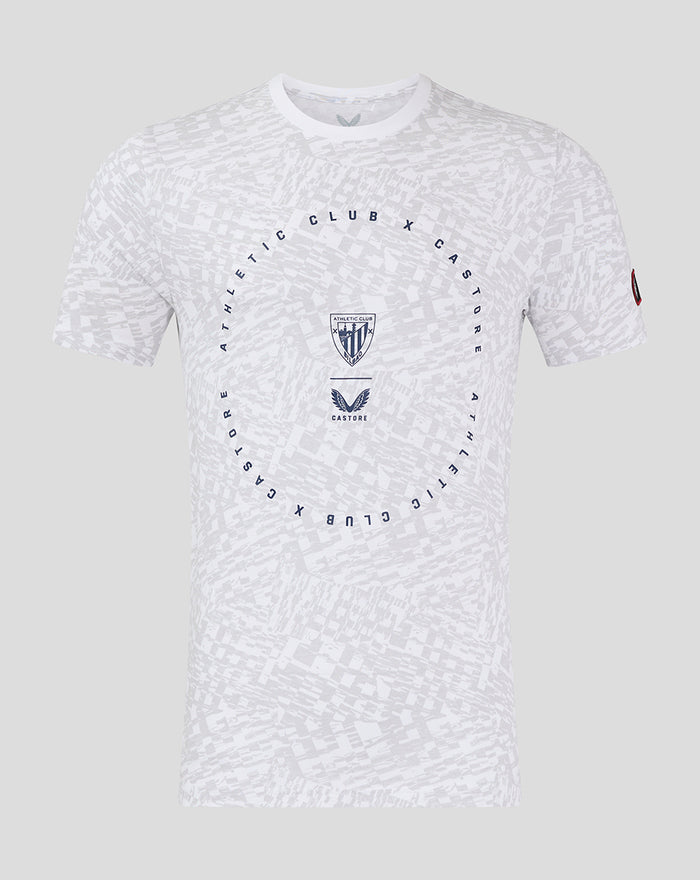 Grey and white patterned Athletic Club cotton tee with a circular graphic and crest on the chest.