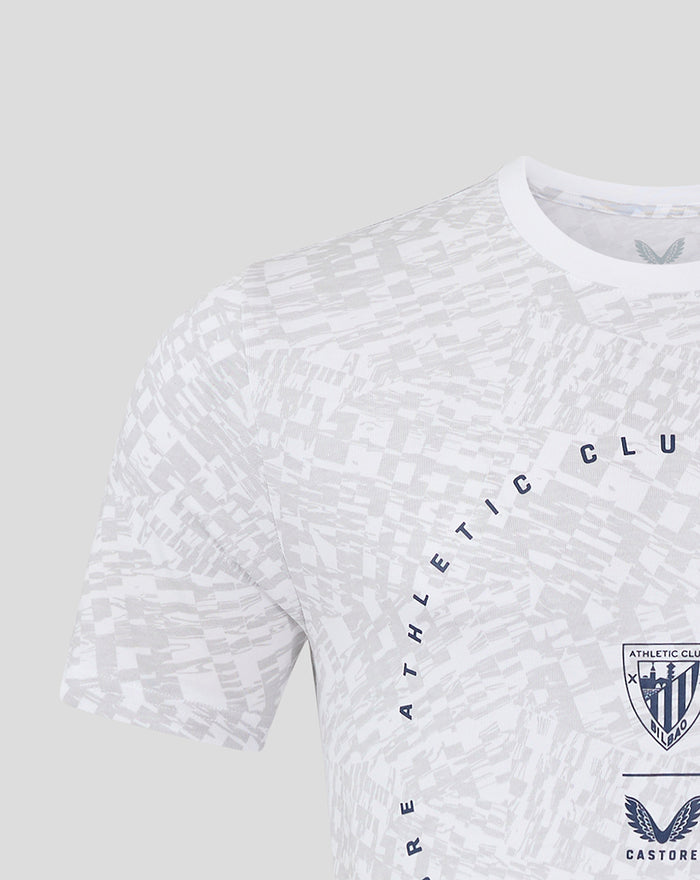 Close up of front design on grey and white Athletic Club Cotton Tee showing crest and arched text