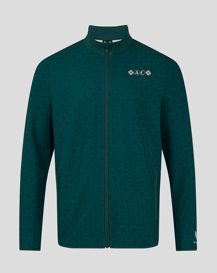 Front view of men's green 24/25 Travel Track Jacket with all over subtle pattern and full zipper