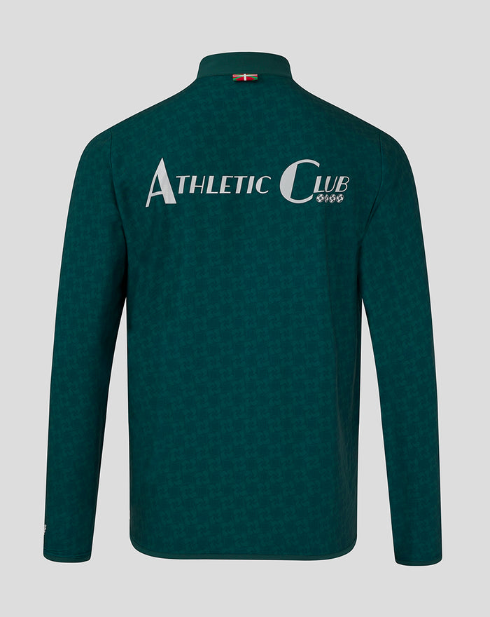 Back view of green travel track jacket with large Athletic Club logo across the upper back and small flag at the collar