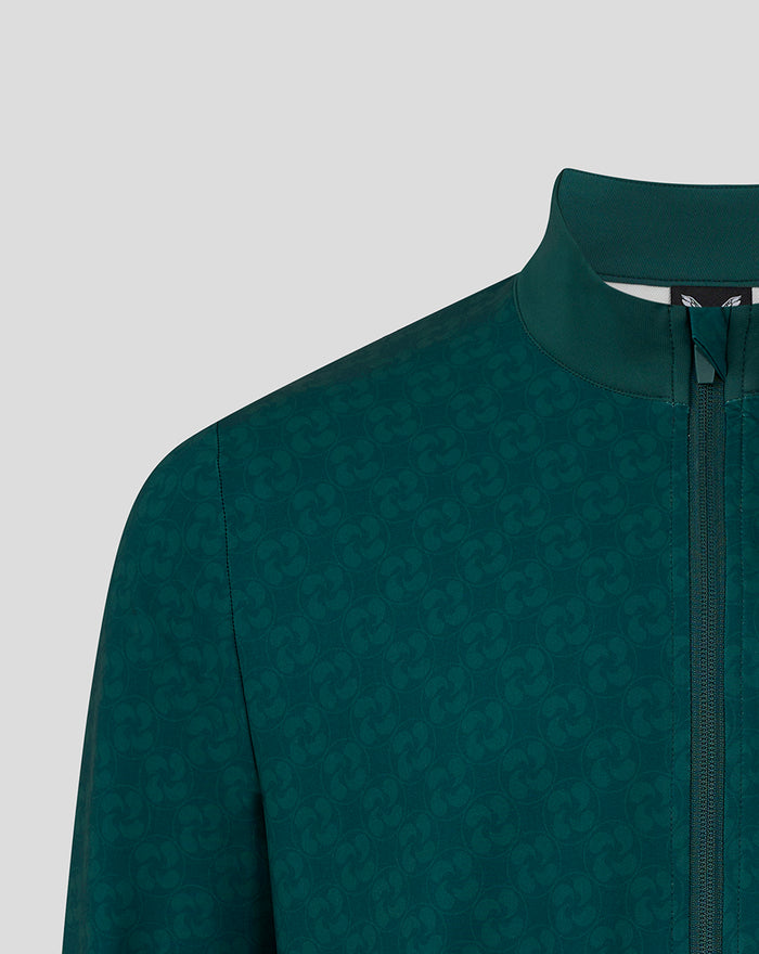 Close up of men's green travel track jacket showing embossed pattern and front zipper