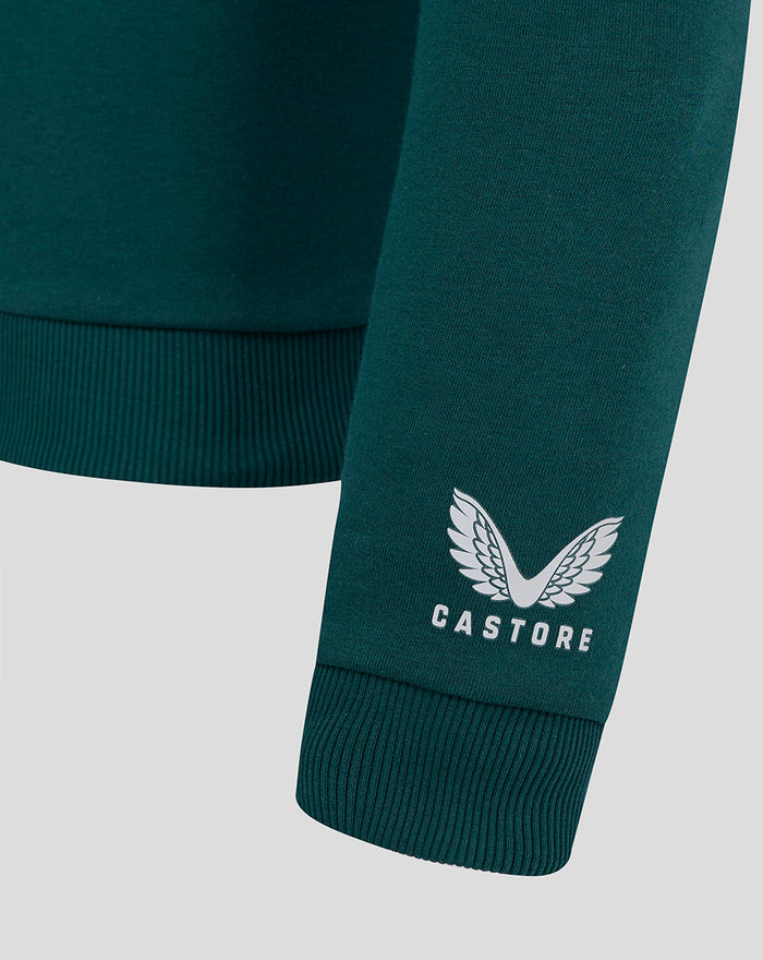 Close-up of teal sweatshirt sleeve cuff with white CASTORE wing emblem.