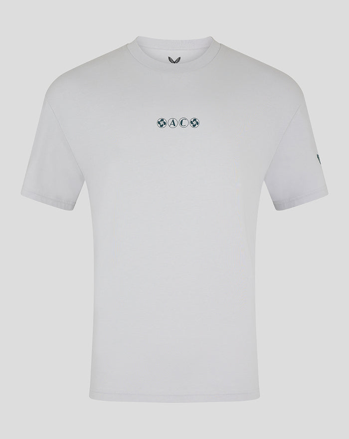 Front view of light grey men's travel cotton tee with small circular logo on chest