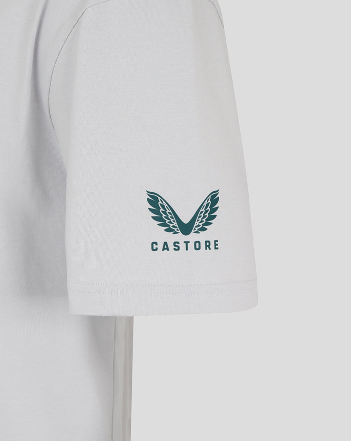 Light grey men's travel cotton tee sleeve with teal Castore wing logo