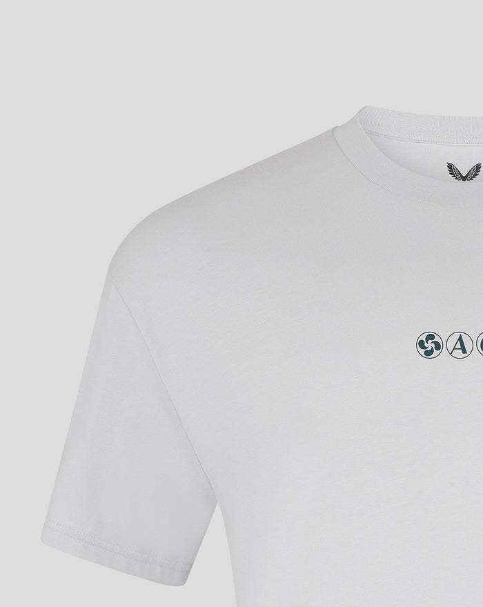 Close up of sleeve and chest on light grey tee with logo near chest and visible stitching