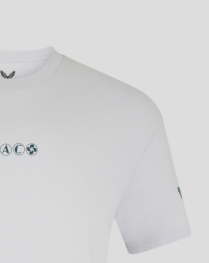 Close up of neckline and shoulder on light grey travel cotton tee with small emblem at collar