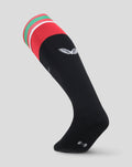 Athletic Club Fourth Sock in black with red cuff and green white stripe accents and white logo.