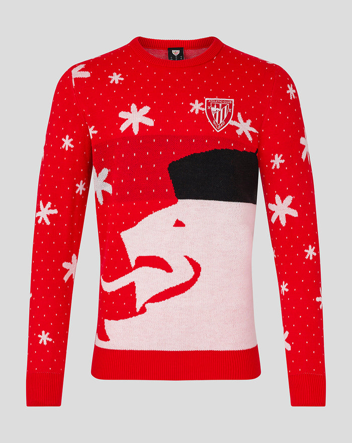 Red Christmas jumper with white snowflakes and a large festive face graphic on the front
