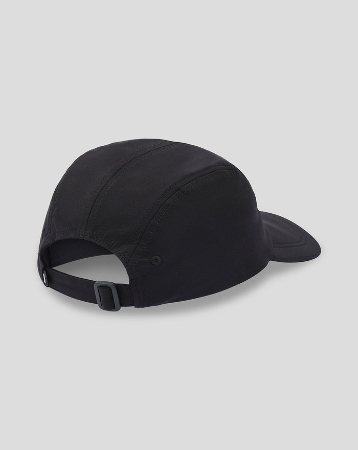 Black adjustable baseball cap with curved brim and back strap