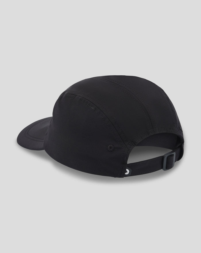 Back view of black Club Cap Dual Castore with adjustable strap and stitched panels