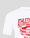 Close-up of the red stadium graphic on the white Athletic Club stadium tee