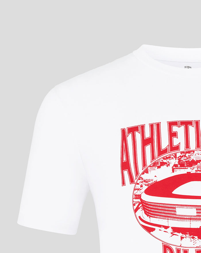 Close-up of the red stadium graphic on the white Athletic Club stadium tee