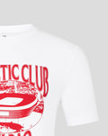 White athletic club stadium tee with a large red stadium graphic across the chest