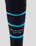 Navy Athletic Club away sock with bright turquoise hoops and shin branding