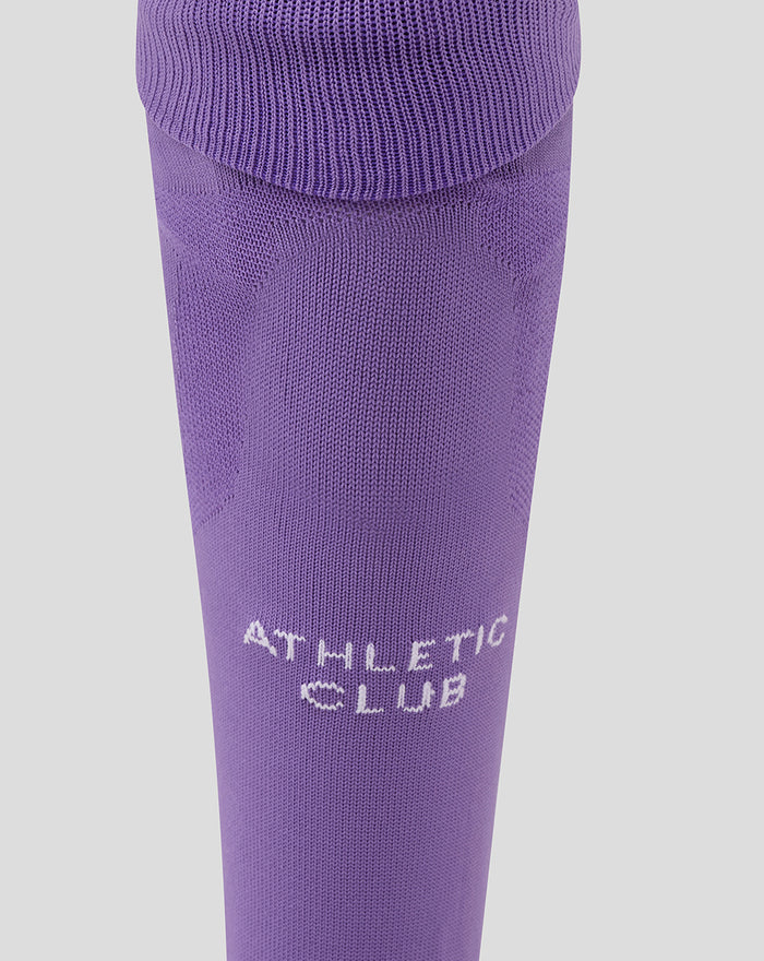 Purple Athletic Club third goalkeeper sock close up with white branding on the shin and knit detail