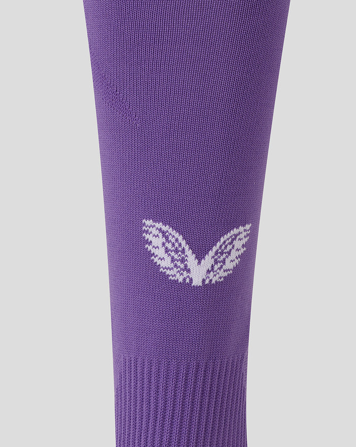 Purple Athletic Club goalkeeper sock close up with white leaf emblem on the calf