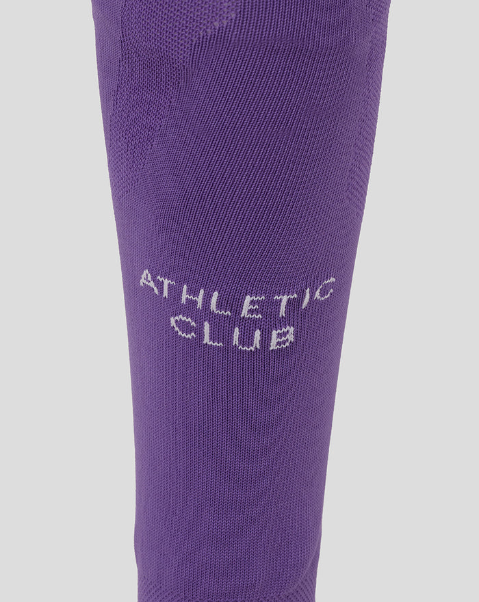 Purple Athletic Club goalkeeper sock close up with Athletic Club branding at the shin