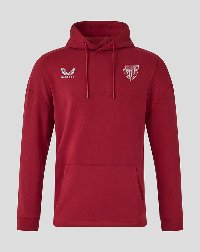 Front view of red hoodie with hood strings, Castore logo on left chest and shield crest on right.