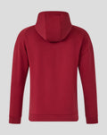 Back view of red Athletic Club Travel Overhead Hoodie with hood up.