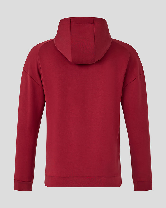 Back view of red Athletic Club Travel Overhead Hoodie with hood up.