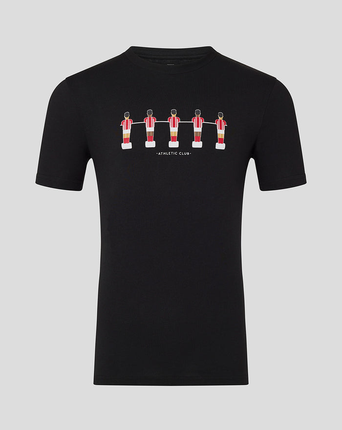 Black table football tee featuring a row of red foosball players and the athletic club branding
