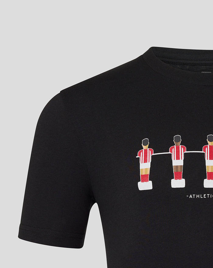 Close up of black athletic club table football tee showing the chest graphic of four red striped players and a white line
