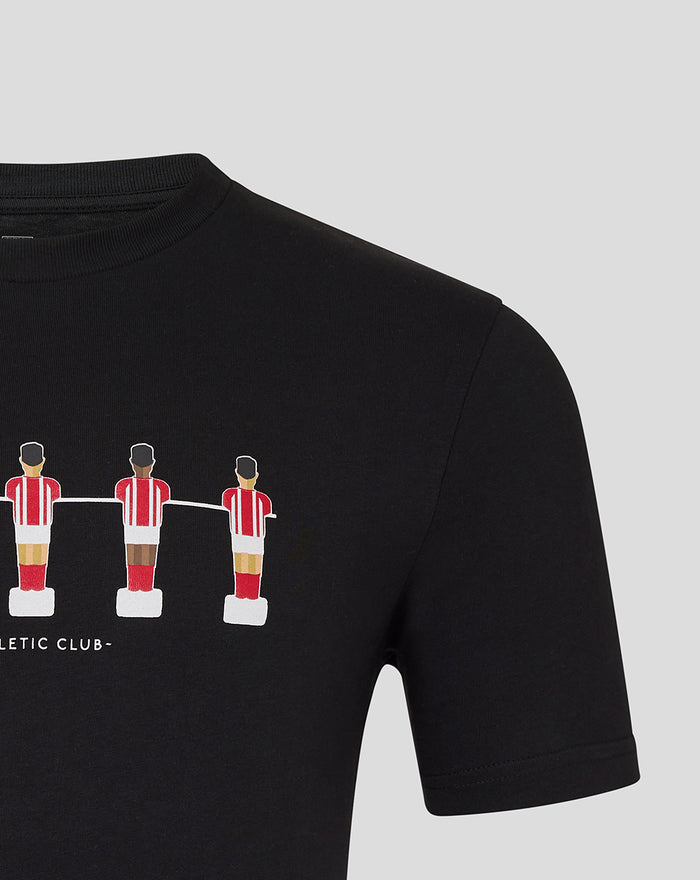Black athletic club table football tee with four red striped players linked by a white line across the chest