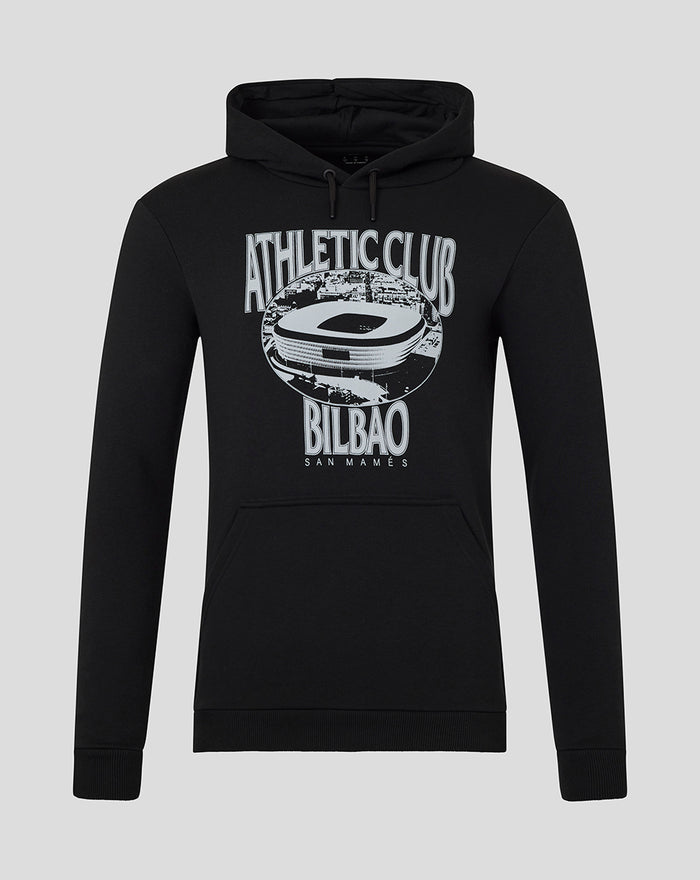 Black hoodie featuring a large Athletic Club Bilbao graphic with a stadium illustration on the front