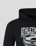Close up of black hoodie showing hood with drawstring and a white ATHLETIC graphic on the chest