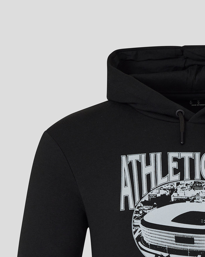 Close up of black hoodie showing hood with drawstring and a white ATHLETIC graphic on the chest