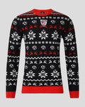 Athletic Club Christmas jumper in black with white snowflakes soccer balls red collar and cuff trim and a chest crest
