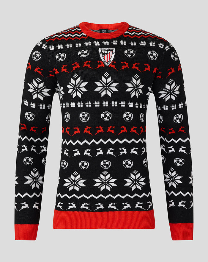 Athletic Club Christmas jumper in black with white snowflakes soccer balls red collar and cuff trim and a chest crest