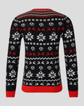 Back view of Athletic Club Christmas jumper in black with white snowflakes soccer balls and red trim along the collar and hem
