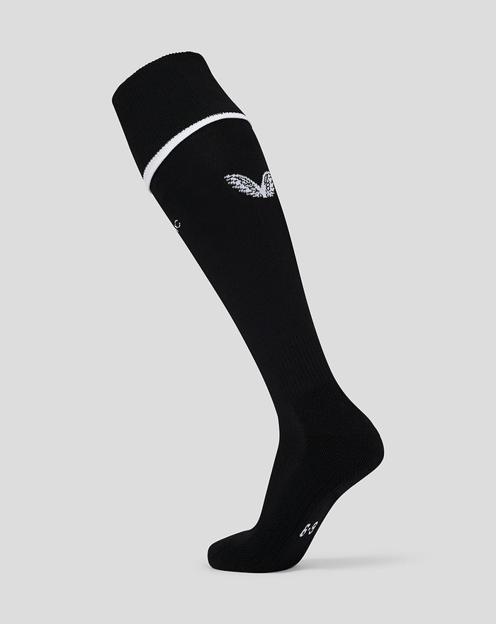Black home goalkeeper sock with white top band and white wing emblem on the shin