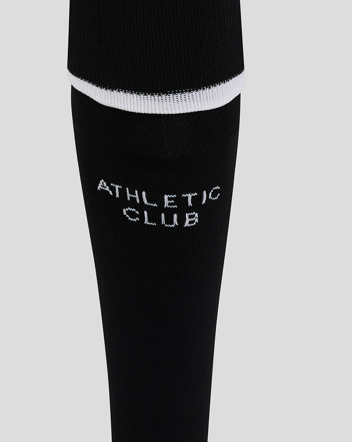 Black home goalkeeper sock with white Athletic Club wordmark printed on the calf