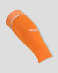 Side view of orange goalkeeper sock with white folded cuff and brand logo on the calf.