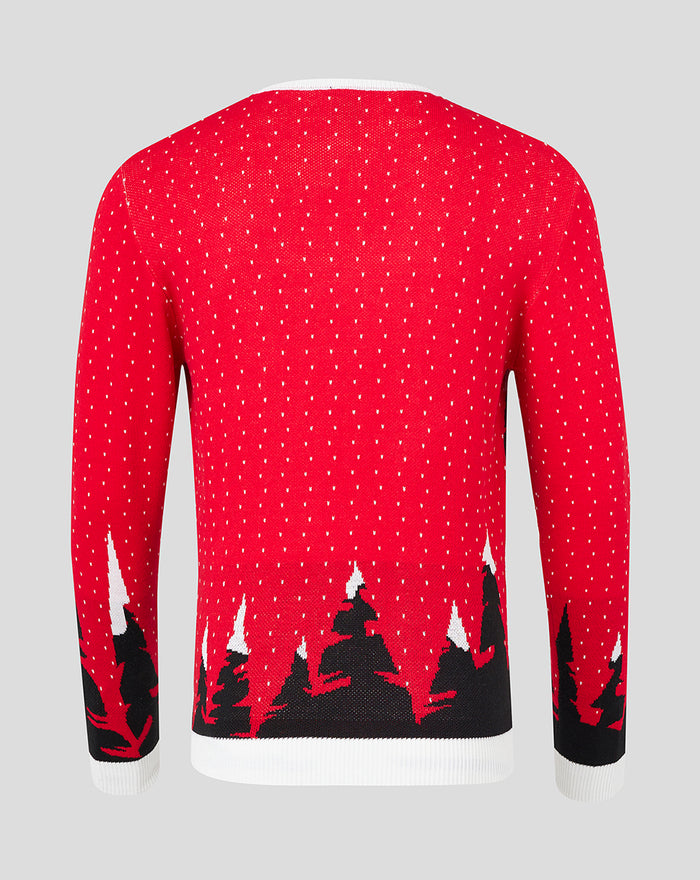 Espalda de jersey navideño rojo unisex con puntos blancos y siluetas de árboles en la base