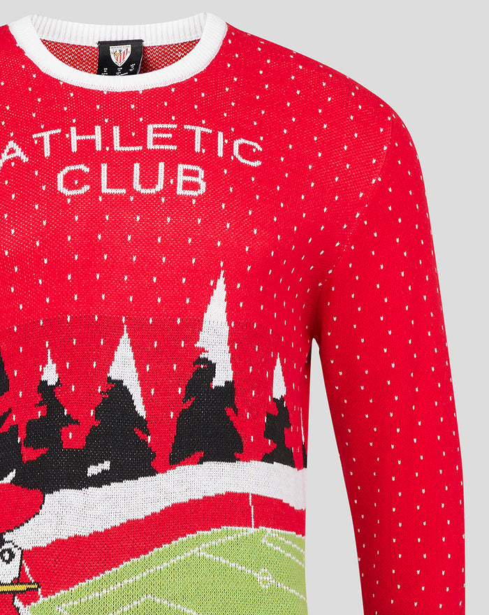 Detalle del jersey navideño rojo con cuello blanco y texto Athletic Club en el pecho