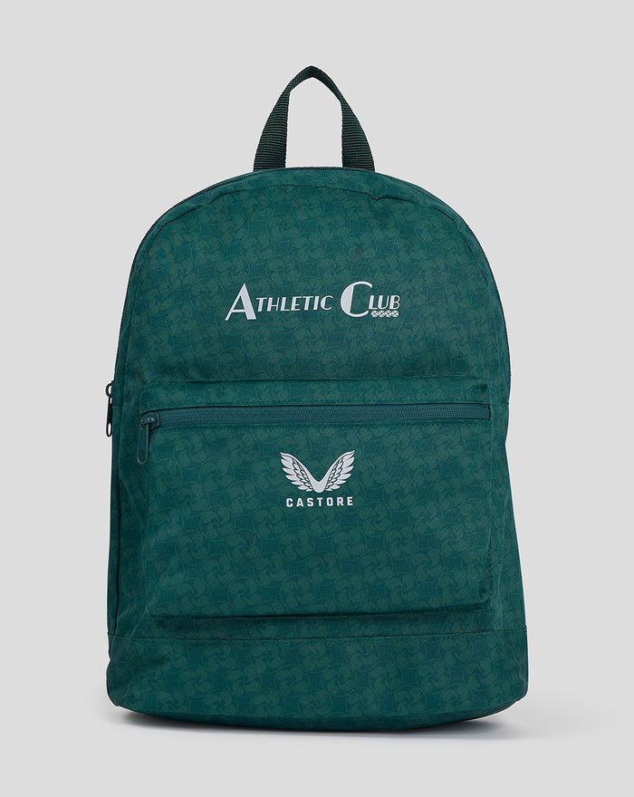 Front view of green Athletic Club backpack with top handle and front pocket bearing the Castore logo